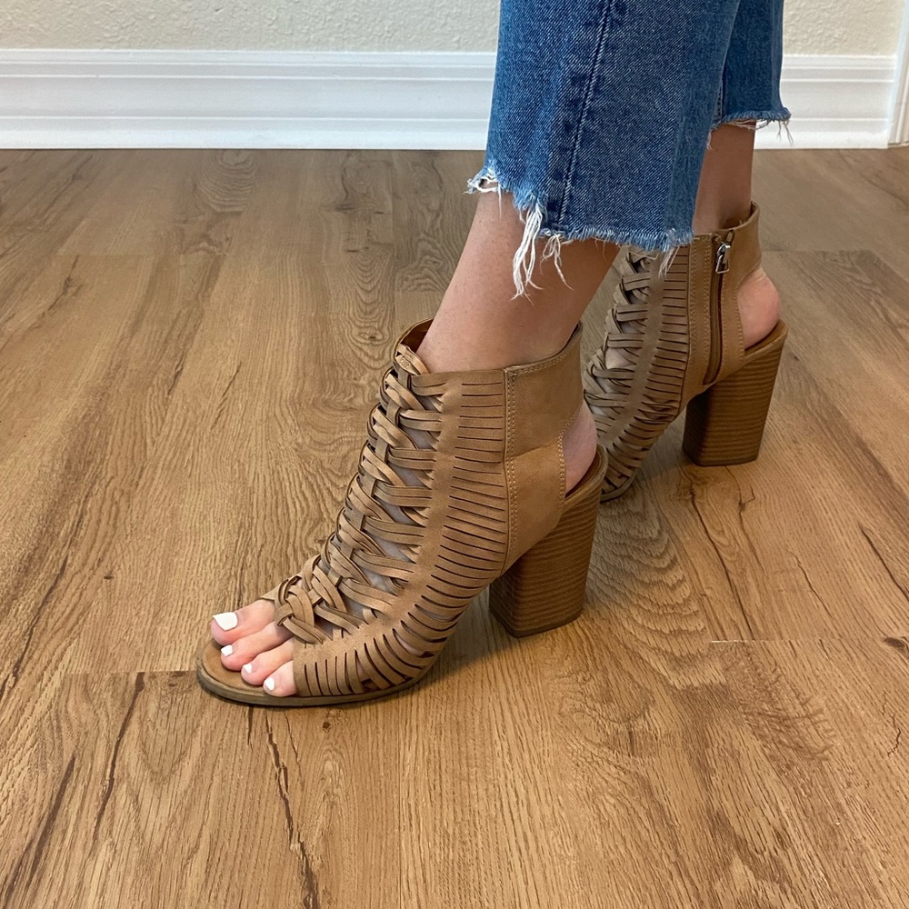 Camel braided block heel sandal